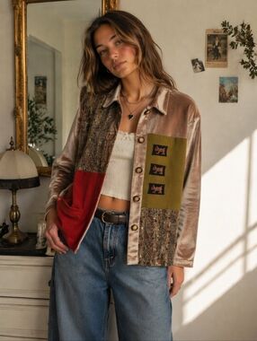 RAFAEL Jacket Womens Large Brown Red Patchwork Cat Applique Vintage Boho NEW